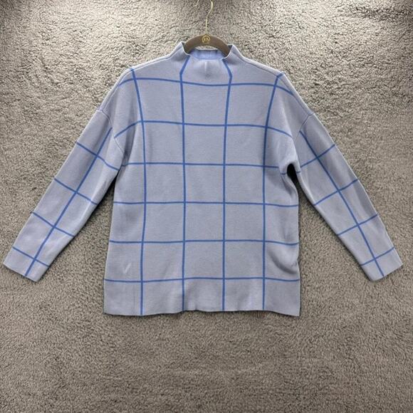Loft‎ Medium Blue Sweater Minimalist Grid Mock Neck Long Sleeves Soft - Picture 1 of 9